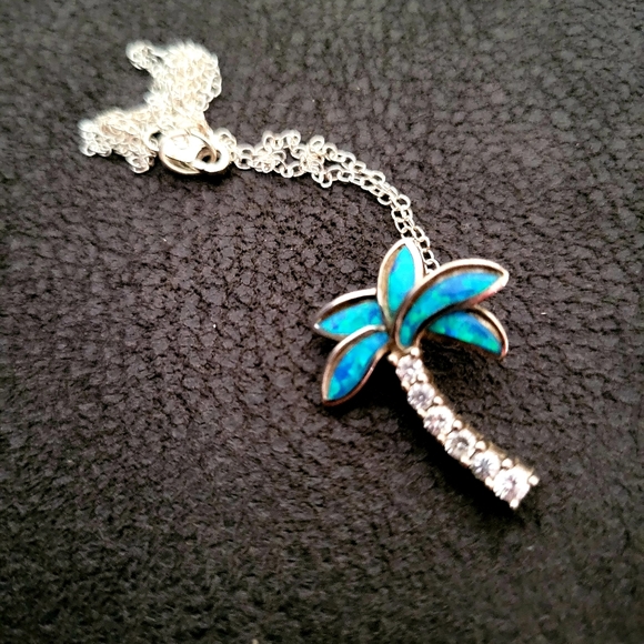 Silver Blue Opal Palm Tree Necklase 18" - Picture 3 of 5